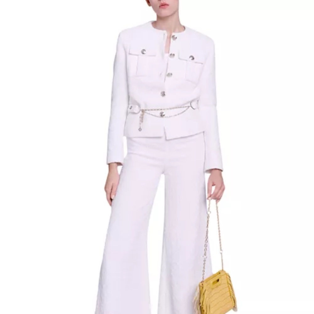 Maje White Tweed Cropped Jacket with Chain Belt
